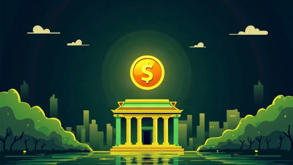 Edificio bancario conectado digitalmente a token stablecoin en dólares