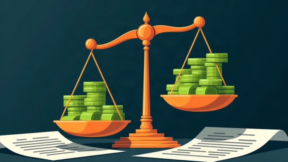 Balanza desequilibrada con monedas USDT y candado sobre documentos