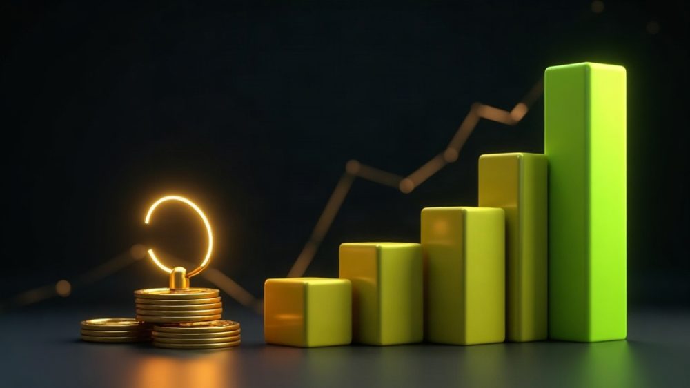 Monedas ARB junto a gráfico de barras mostrando crecimiento de ingresos