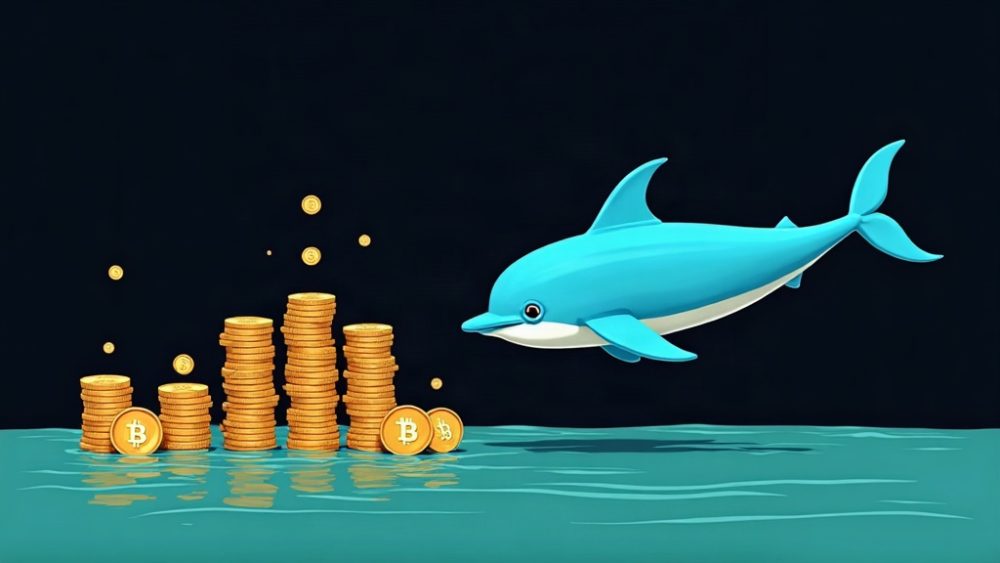 Ballena junto a pilas de monedas Bitcoin con flechas ascendentes