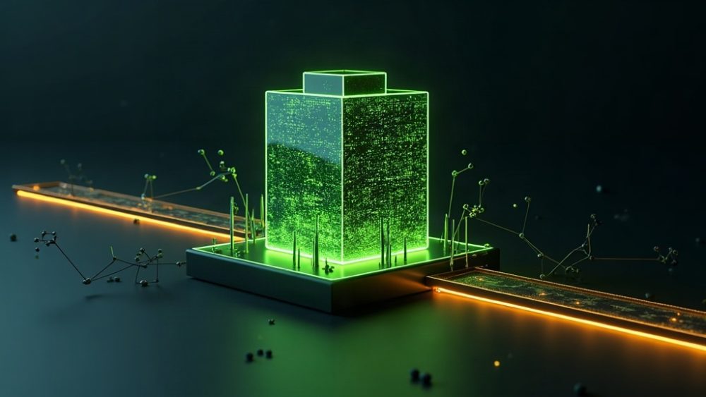 Puente digital conectando edificio tradicional con red blockchain de nodos