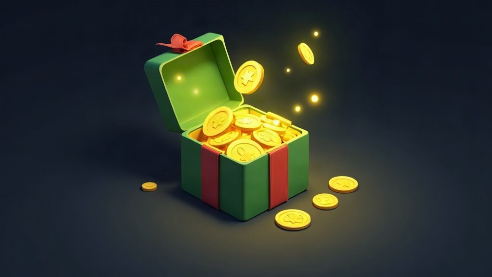 Caja de regalo abierta con tokens emergentes y símbolo de XP