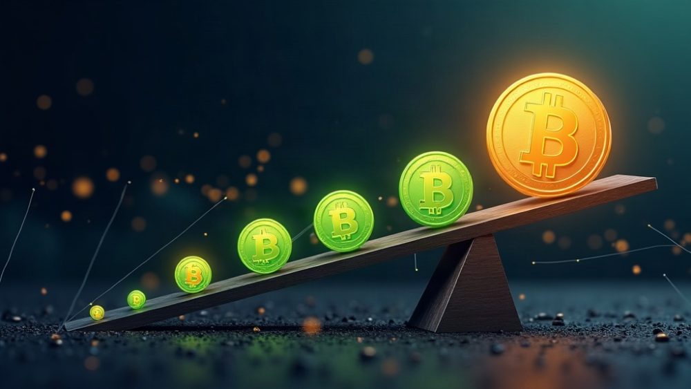 Balanza con altcoins cayendo y Bitcoin elevado en el lado opuesto