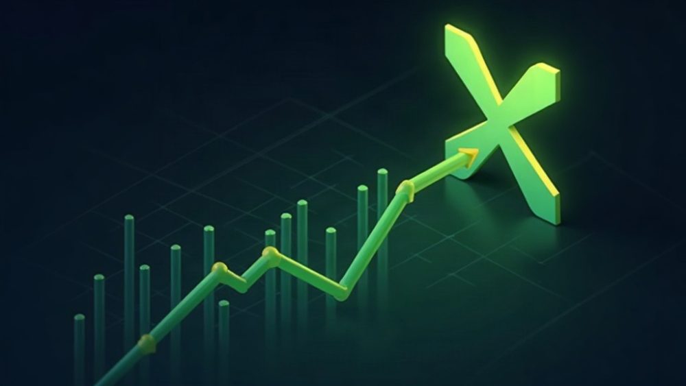 Flecha ascendente con logo de XRP y barras de gráfico de volumen