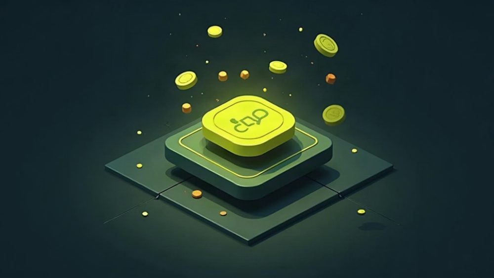 Cohete despegando desde plataforma Robinhood Chain con monedas ascendiendo