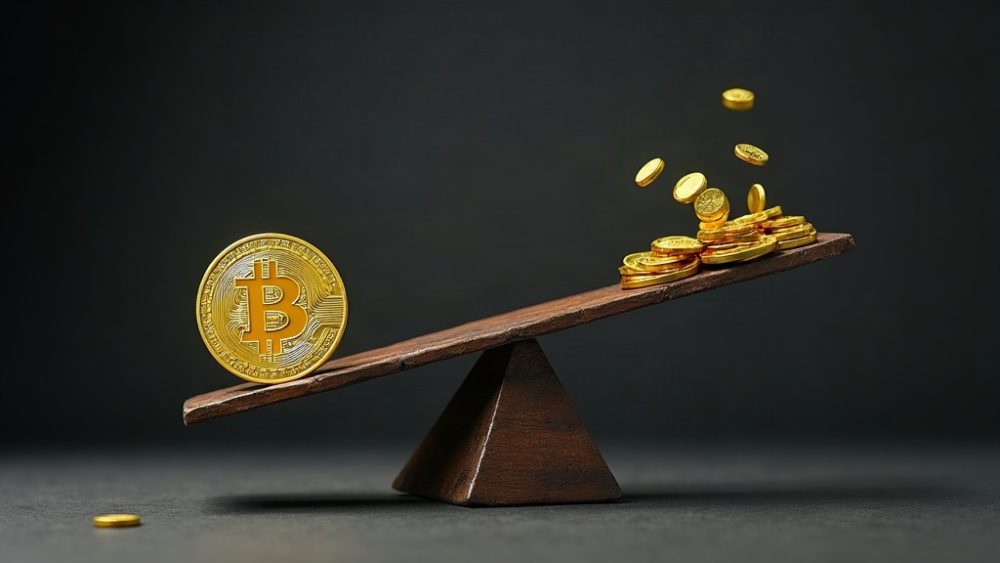 Balanza inclinada hacia Bitcoin con altcoins cayendo del otro lado