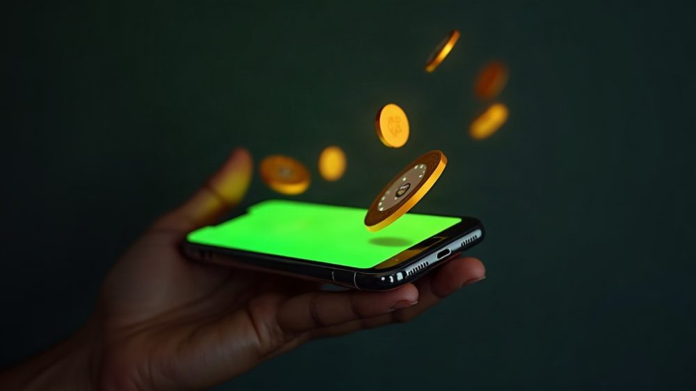 Smartphone con app Robinhood y tokens de acciones flotantes